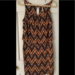 Chevron print dress, above knee, blouson, figure flattering.